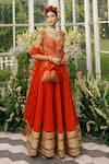 Adi By Aditya Khandelwl_Orange Silk Embroidery Floral Notched Anarkali With Dupatta _Online_at_Aza_Fashions