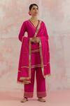 Buy_TIC_Fuchsia Raw Silk Embellishment Gota Work V Neck Kali Kurta Set _at_Aza_Fashions