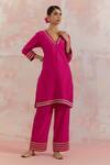 Buy_TIC_Fuchsia Raw Silk Embellishment Gota Work V Neck Kali Kurta Set _Online_at_Aza_Fashions