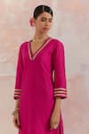 TIC_Fuchsia Raw Silk Embellishment Gota Work V Neck Kali Kurta Set _at_Aza_Fashions