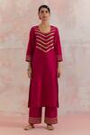 Buy_The Indian Cause_Red Raw Silk Gota Work Square V Neck Rooh Kurta And Palazzo Set_at_Aza_Fashions