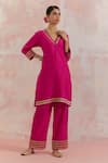 Buy_TIC_Fuchsia Raw Silk Embellishment Gota Work V Neck Kali Kurta And Palazzo Set _at_Aza_Fashions