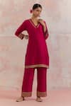 Buy_TIC_Red Raw Silk Embellishment Gota Work V Neck Kali Kurta And Palazzo Set _at_Aza_Fashions