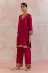 TIC_Red Raw Silk Embellishment Gota Work V Neck Kali Kurta And Palazzo Set _Online_at_Aza_Fashions