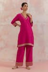 Buy_TIC_Fuchsia Raw Silk Embellishment Gota Work V Neck Kali Kurta _at_Aza_Fashions