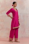 TIC_Fuchsia Raw Silk Embellishment Gota Work V Neck Kali Kurta _Online_at_Aza_Fashions