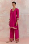 Buy_TIC_Fuchsia Raw Silk Embellishment Gota Work V Neck Kali Kurta _Online_at_Aza_Fashions