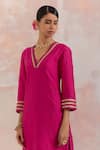 TIC_Fuchsia Raw Silk Embellishment Gota Work V Neck Kali Kurta _at_Aza_Fashions