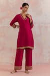 Buy_TIC_Red Raw Silk Embellishment Gota Work V Neck Kali Kurta _at_Aza_Fashions