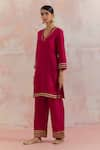 TIC_Red Raw Silk Embellishment Gota Work V Neck Kali Kurta _Online_at_Aza_Fashions