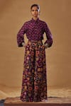 Shop_Drishti & Zahabia_Purple Dupion Silk And Embroidery Floral Shirt With Flared Pants _at_Aza_Fashions