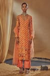 Buy_Drishti & Zahabia_Peach Dupion Silk And Net & Embroidery Floral Square Kurta Pant Set _at_Aza_Fashions