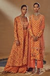 Shop_Drishti & Zahabia_Peach Dupion Silk And Net & Embroidery Floral Square Kurta Pant Set _at_Aza_Fashions