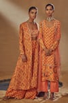 Drishti & Zahabia_Peach Dupion Silk Anchor Threads, Dori Work, Floral Print, Jacket Palazzo Set_Online_at_Aza_Fashions