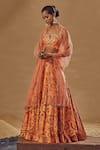 Buy_Drishti & Zahabia_Peach Dupion Silk And Net & Embroidery Floral Notched Lehenga Set _at_Aza_Fashions