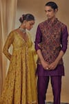 Shop_Drishti & Zahabia_Yellow Dupion Silk And Net & Embroidery Floral V Neck Anarkali Set _Online_at_Aza_Fashions