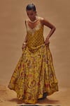 Shop_Drishti & Zahabia_Yellow Dupion Silk And Embroidery Floral Leaf Neck Kurta & Lehenga Set _at_Aza_Fashions