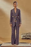 Shop_Drishti & Zahabia_Blue Dupion Silk And Embroidery Floral V Neck Pant Suit _at_Aza_Fashions