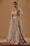 Buy_Drishti & Zahabia_Ivory Dupion Silk And Embroidery Floral V Neck Jacket Lehenga Set _Online_at_Aza_Fashions