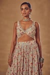 Shop_Drishti & Zahabia_Ivory Dupion Silk And Embroidery Floral V Neck Jacket Lehenga Set 