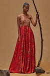 Buy_Drishti & Zahabia_Red Dupion Silk And Embroidery Floral One Shoulder Anarkali _at_Aza_Fashions