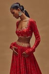 Shop_Drishti & Zahabia_Red Dupion Silk And Net & Embroidery Floral Square Neck Lehenga Set _Online_at_Aza_Fashions