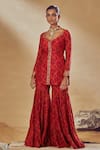 Drishti & Zahabia_Red Dupion Silk And Net & Embroidery Floral Leaf Kurta Sharara Set _Online_at_Aza_Fashions