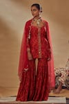 Buy_Drishti & Zahabia_Red Dupion Silk And Net & Embroidery Floral Leaf Kurta Sharara Set _Online_at_Aza_Fashions