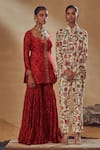 Shop_Drishti & Zahabia_Red Dupion Silk And Net & Embroidery Floral Leaf Kurta Sharara Set _Online_at_Aza_Fashions