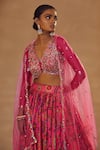 Drishti & Zahabia_Fuchsia Dupion Silk And Net & Embroidery Floral V Neck Lehenga Set _at_Aza_Fashions