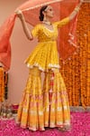 Maayera Jaipur_Yellow Swiss Cotton Printed Floral V Neck Peplum Kurta Sharara Set  _Online_at_Aza_Fashions