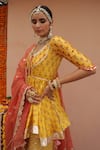 Maayera Jaipur_Yellow Swiss Cotton Printed Floral V Neck Peplum Kurta Sharara Set  _at_Aza_Fashions