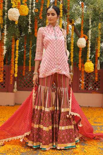 Shop_Maayera Jaipur_Pink Silk Organza, Swiss Cotton Floral High Neck Print Kurta Sharara Set _at_Aza_Fashions