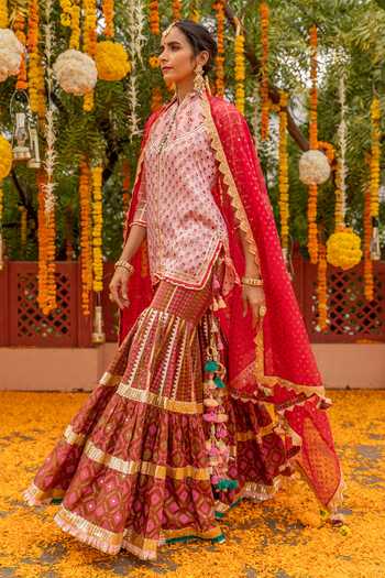 Maayera Jaipur_Pink Silk Organza, Swiss Cotton Floral High Neck Print Kurta Sharara Set _Online_at_Aza_Fashions