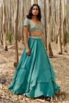 Shop_Mishru_Green Lehenga And Dupatta Organza Hand Embroidered Gemma Layered Set  _at_Aza_Fashions