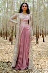 Buy_Mishru_Pink Jacket Tulle Hand Embroidered Aine Pre-draped Saree And Sheer Set  _at_Aza_Fashions