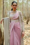 Mishru_Pink Jacket Tulle Hand Embroidered Aine Pre-draped Saree And Sheer Set  _Online_at_Aza_Fashions