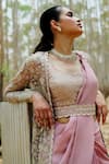 Buy_Mishru_Pink Jacket: Tulle Hand Embroidered Aine Pre-draped Saree And Sheer Set For Women_Online_at_Aza_Fashions