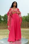 Shop_Mishru_Fuchsia Cape And Pant  Organza Hand Embroidered Ilana & Flared Set  _at_Aza_Fashions