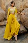 Buy_Mishru_Yellow Blouse Chanderi, Cape And Pant  Organza French Iris With Flared Set_at_Aza_Fashions