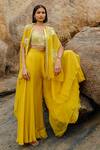 Shop_Mishru_Yellow Blouse Chanderi, Cape And Pant  Organza French Iris With Flared Set_at_Aza_Fashions