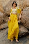 Mishru_Yellow Blouse Chanderi, Cape And Pant  Organza French Iris With Flared Set_Online_at_Aza_Fashions