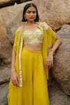 Buy_Mishru_Yellow Blouse Chanderi, Cape And Pant  Organza French Iris With Flared Set_Online_at_Aza_Fashions