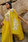 Shop_Mishru_Yellow Blouse Chanderi, Cape And Pant  Organza French Iris With Flared Set_Online_at_Aza_Fashions