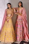 Aneesh Agarwaal_Yellow Organza, Net, Dupatta Tulle Floral Leaf Embroidered Bridal Lehenga Set _Online_at_Aza_Fashions