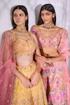 Shop_Aneesh Agarwaal_Yellow Organza, Net, Dupatta Tulle Floral Leaf Embroidered Bridal Lehenga Set _Online_at_Aza_Fashions