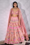 Buy_Aneesh Agarwaal_Peach Silk Organza Embroidered Floral V Neck Bridal Lehenga Set _at_Aza_Fashions