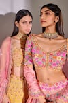 Buy_Aneesh Agarwaal_Peach Silk Organza Embroidered Floral V Neck Bridal Lehenga Set _Online_at_Aza_Fashions