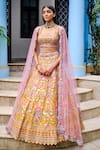 Buy_Aneesh Agarwaal_Yellow Organza, Dupatta Tulle Floral Square Neck Embroidered Bridal Lehenga Set _at_Aza_Fashions