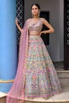 Buy_Aneesh Agarwaal_Blue Organza Embroidered Floral V Neck Bridal Lehenga Set _at_Aza_Fashions